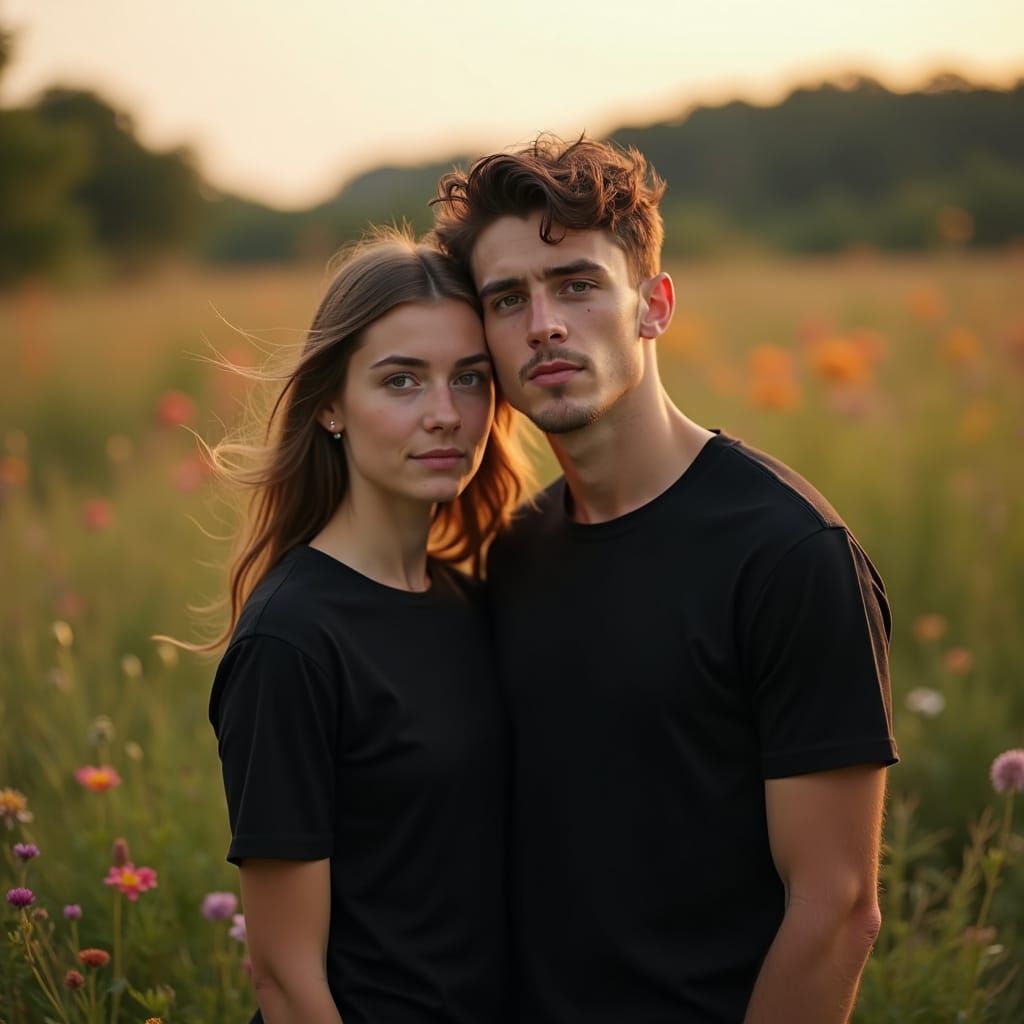 Couple in Black T-Shirts in Golden Light