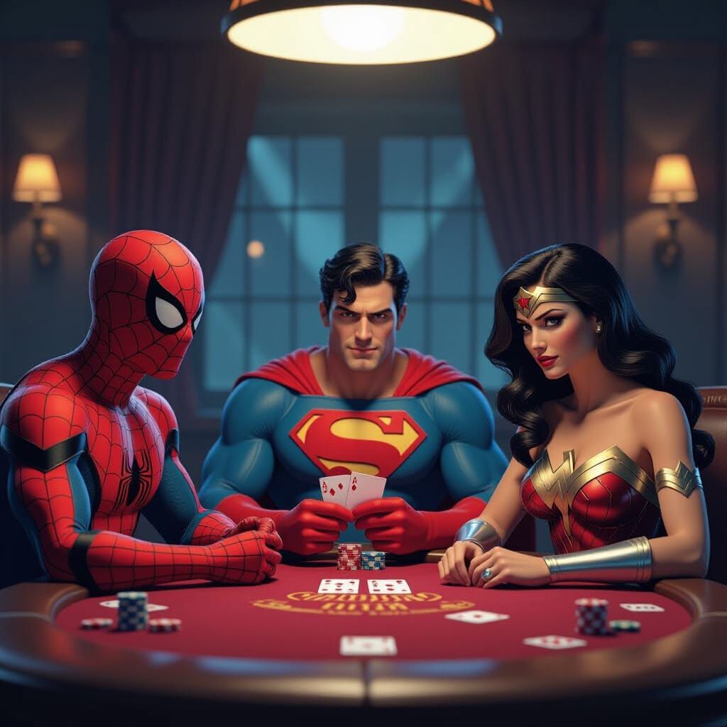 Superhero Poker Night: Cinematic Comic-Style 3D Render
