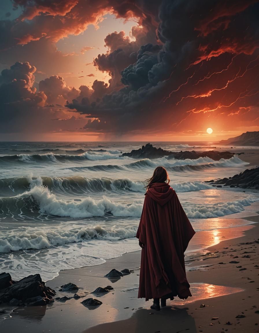 Lonely Girl on Desolate Beach at Sunset