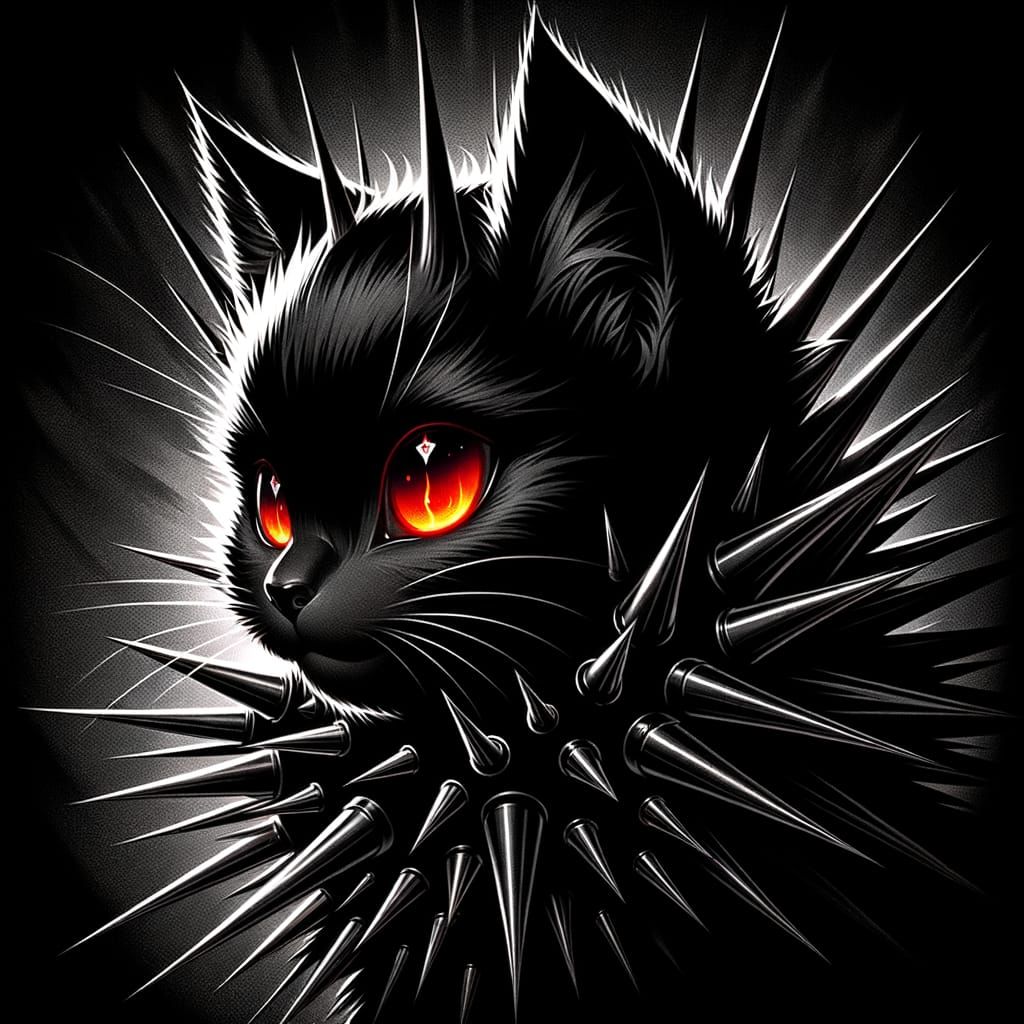 Gothic Cartoon Black Kitten with Spikes and Sinister Eyes