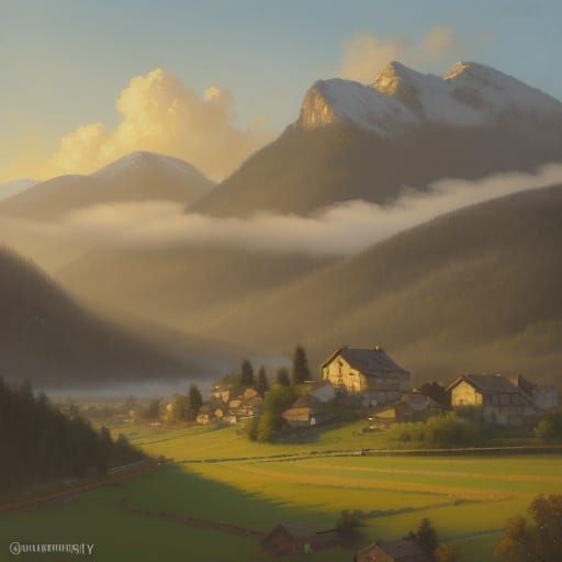Impressionist Village Landscape in Golden Light