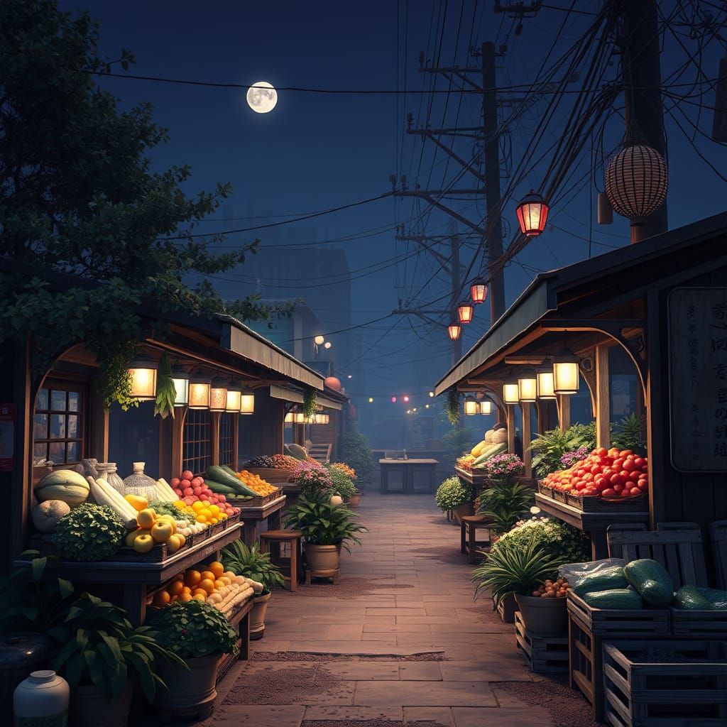 Nighttime Fruit and Vegetable Market in Soft Vintage Colors