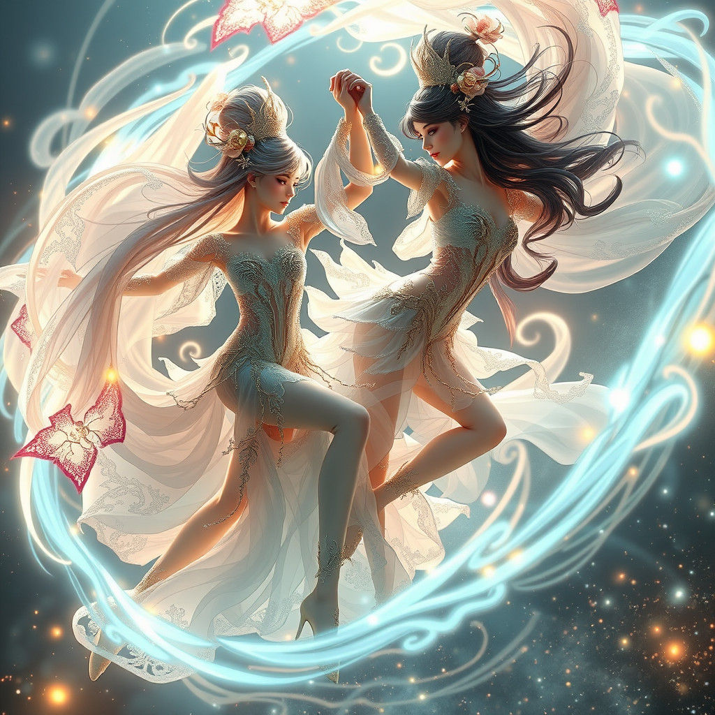 Celestial Battle Dancers in Vibrant, High-Fantasy Attire