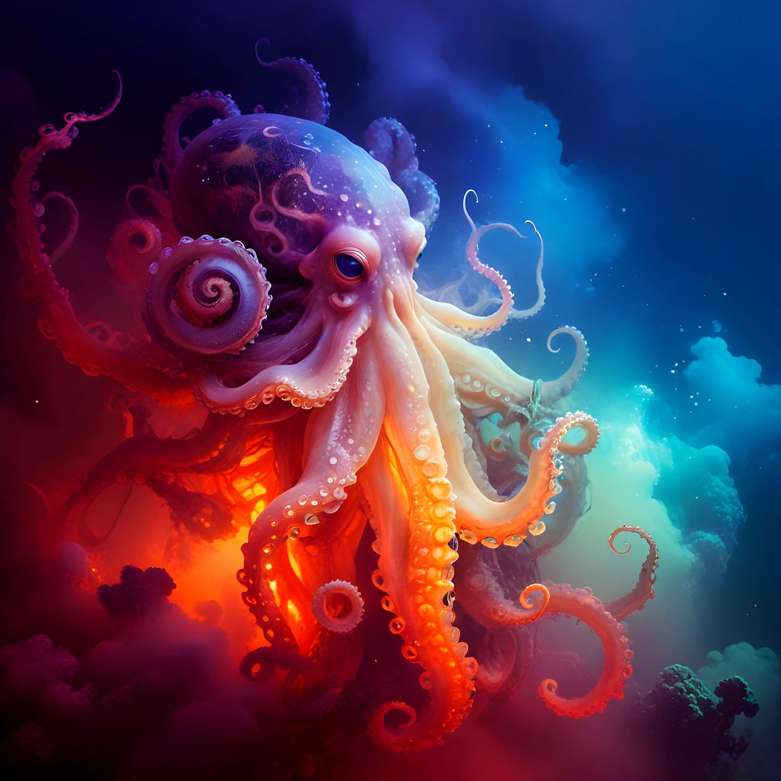 Underwater Octopus Portrait with Colorful Coral