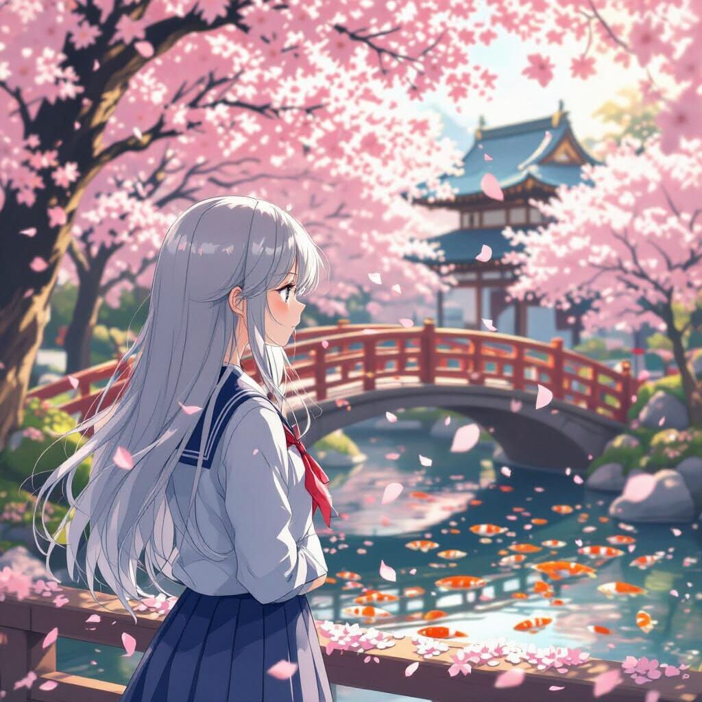 Girl Gazing at Cherry Blossoms in Kyoto Animation Style