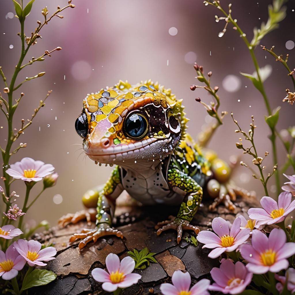 Baby Gecko in Wes Anderson Style, Alcohol Ink Art