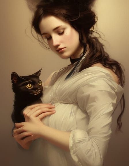 Victorian Woman with Cat: Art Nouveau Portrait
