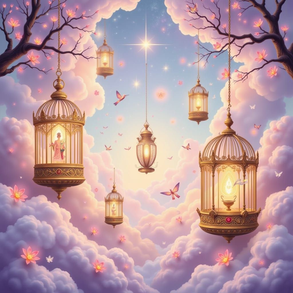 Whimsical Aviary Dreams: Floating Cages in Pastel Dawn