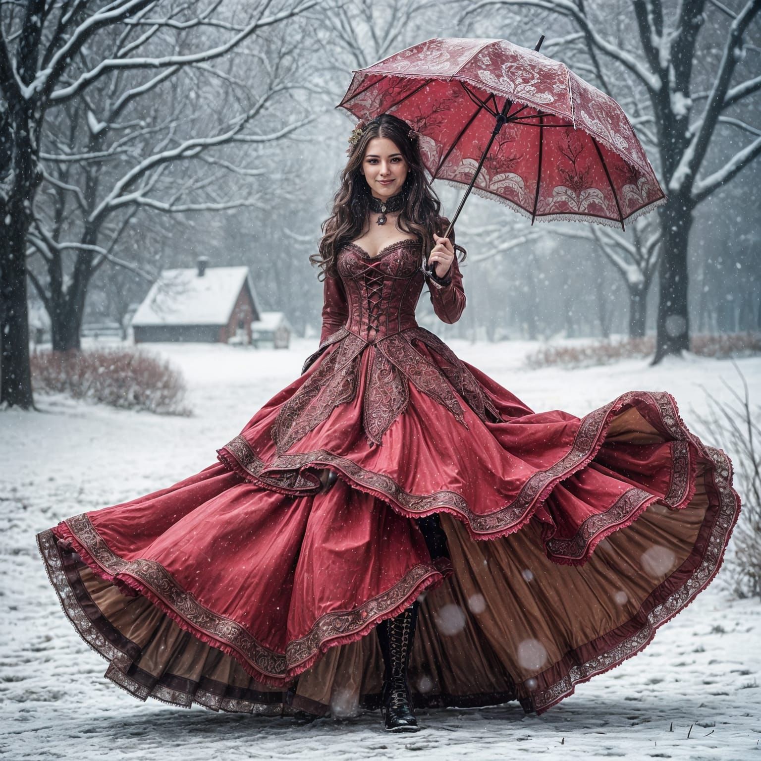 Victorian Woman in Snowing Weather with Latex Dress