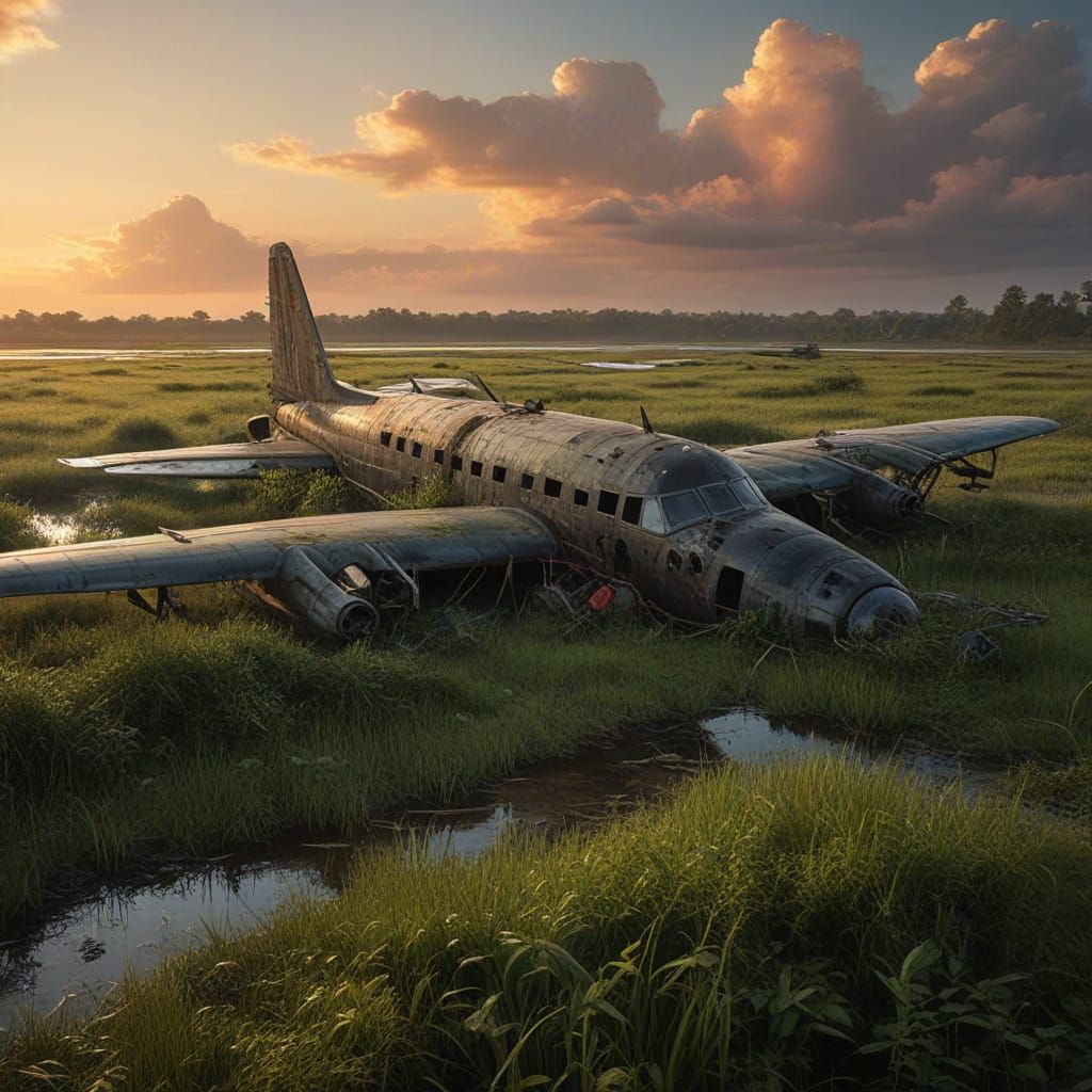 Abandoned Airport Plane Wreck at Dramatic Sunset