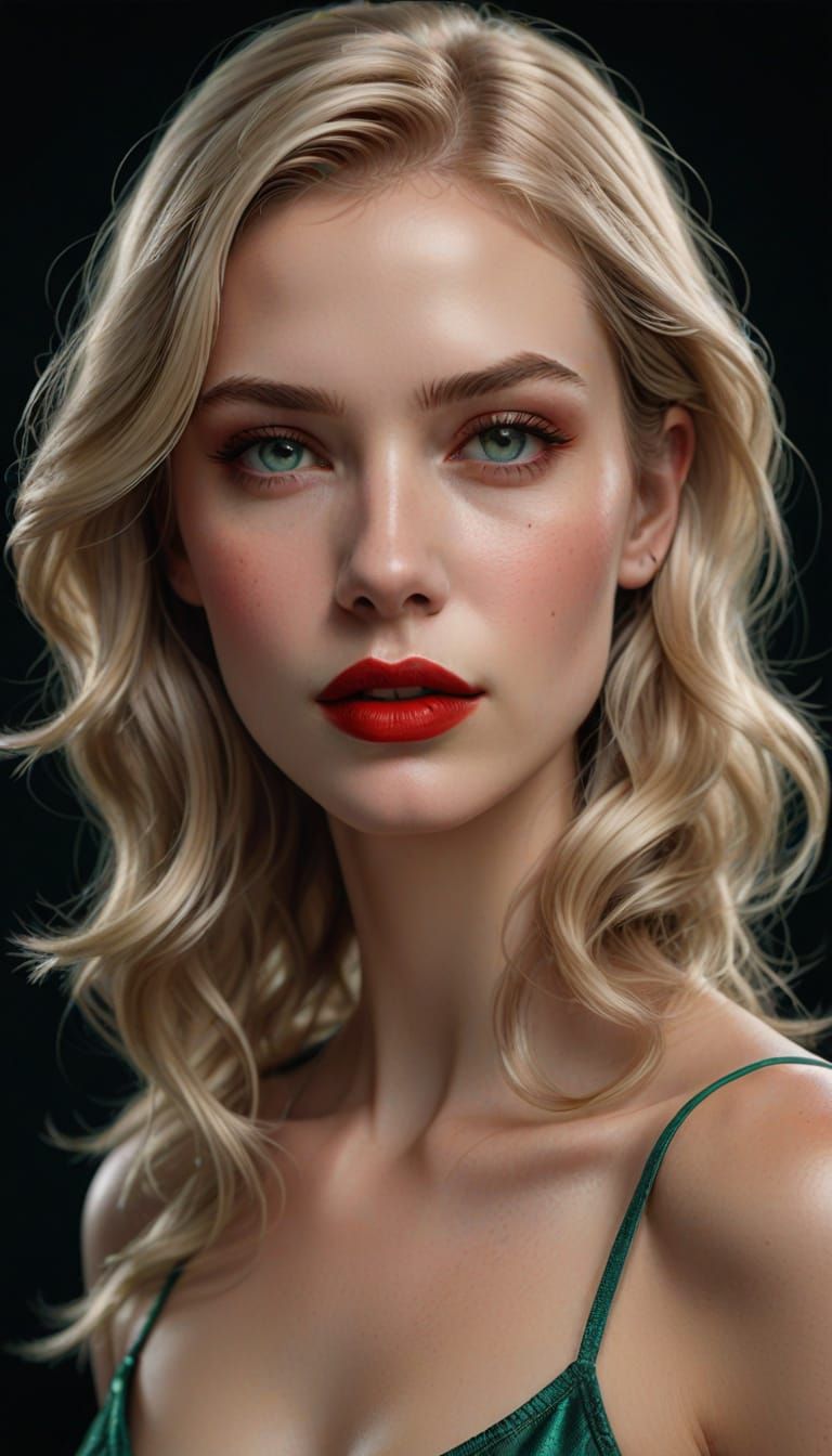 Confident Blonde Beauty in Emerald Bra