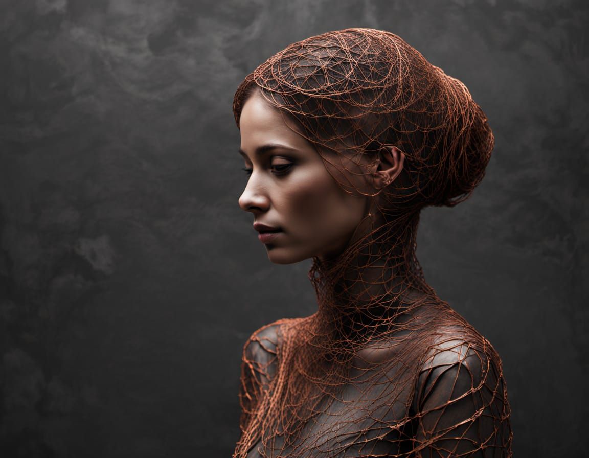 Oxidized Copper Wire Sculpture of Veiled Woman