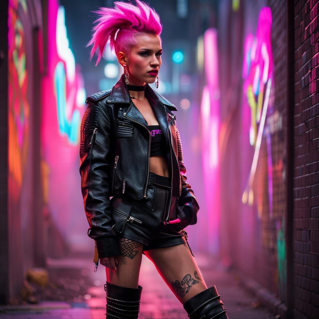 Teenage Girl with Pink Mohawk in Cyberpunk Style