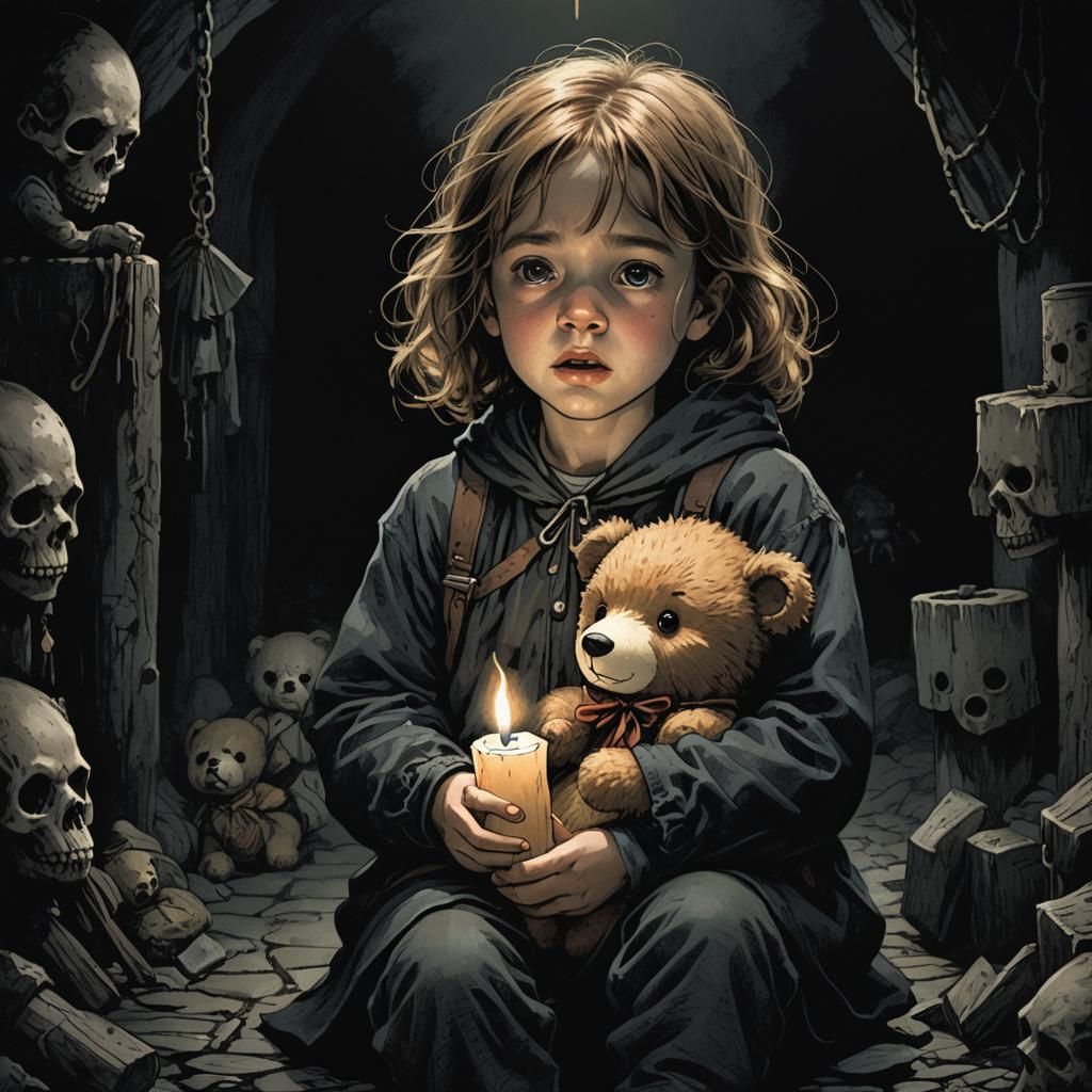 Terrified Child with Teddy Bear in Dungeon