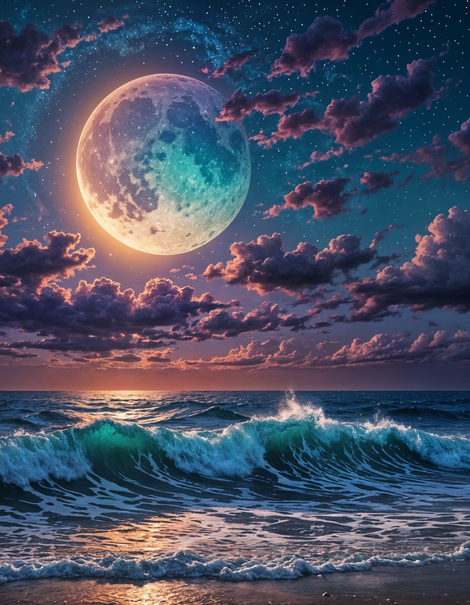 Moonrise Over Rough Sea in Pointillism Style