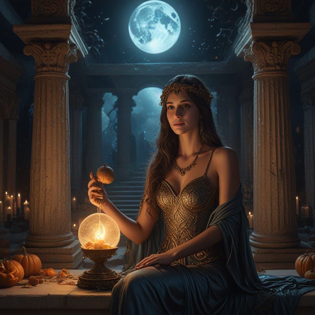 Hera as Sorceress in Greek Temple with Crystal