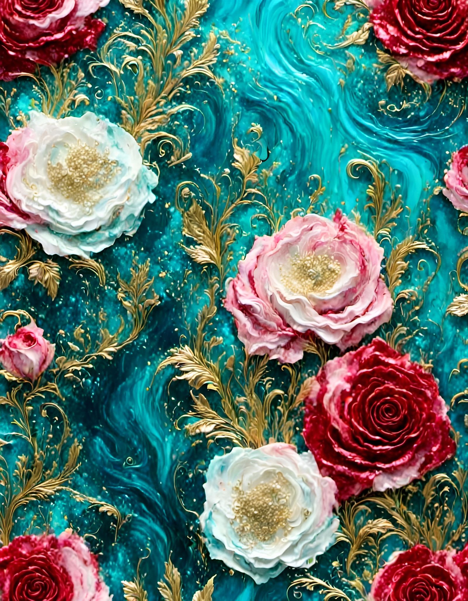 Roses in Turquoise Sea, Klimt-Inspired Floral Art