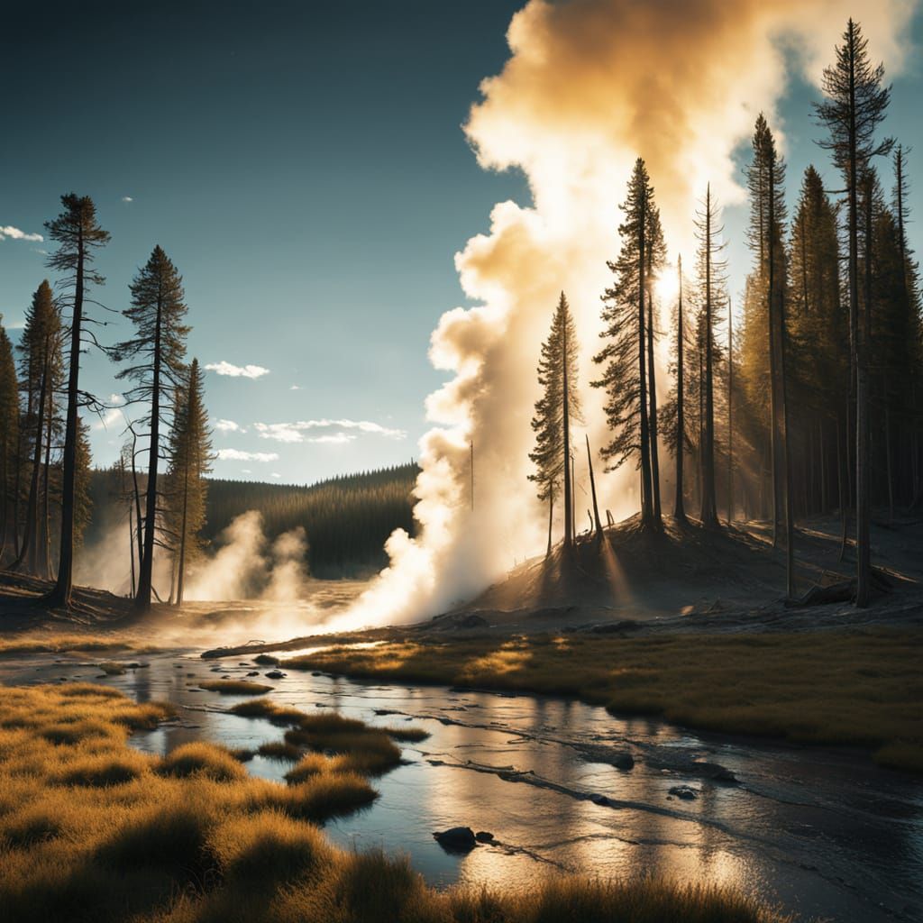 Misty Yellowstone Geyser at Golden Hour