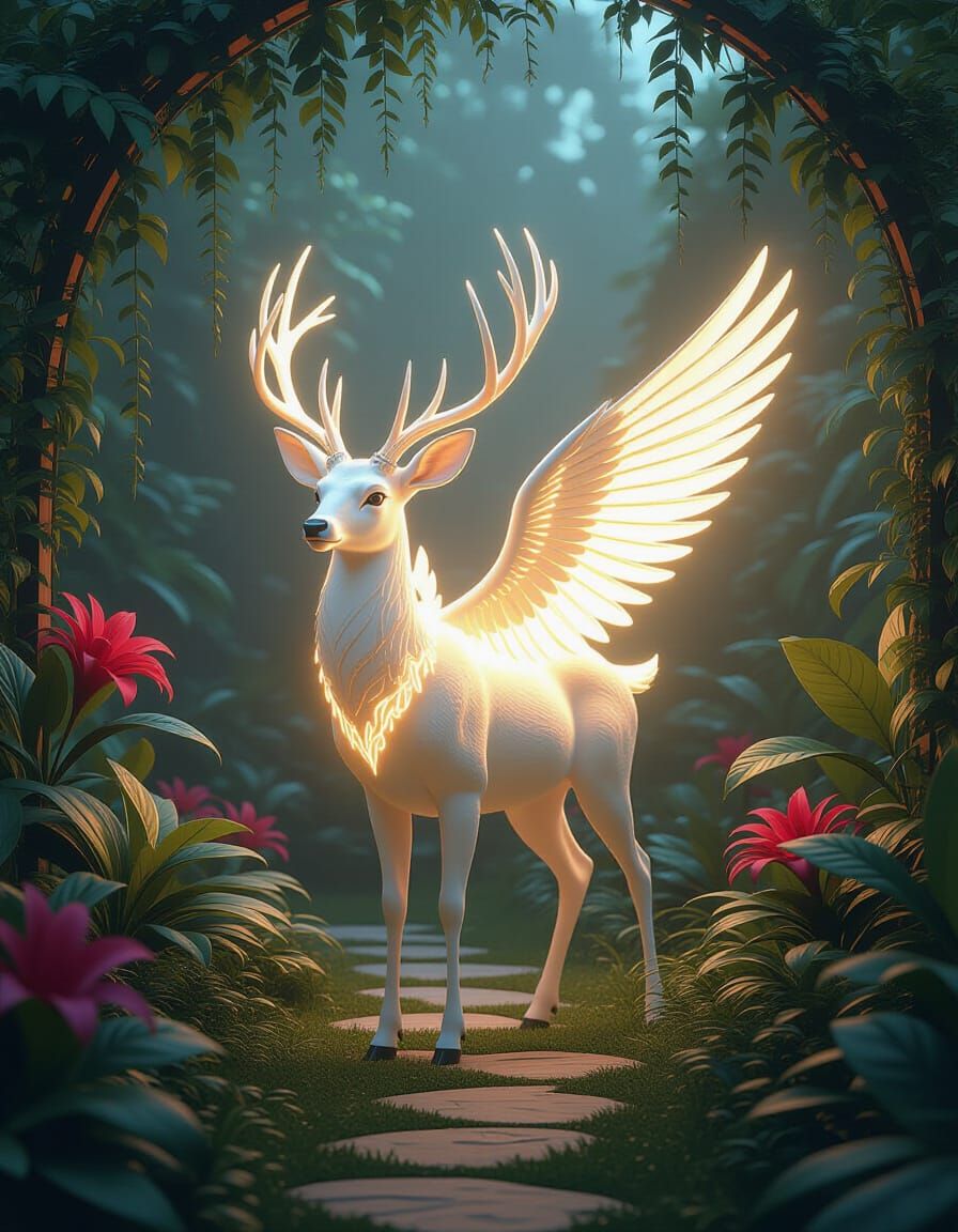 Glowing Deer with Wings in Magical Garden Digital Matte Pain...