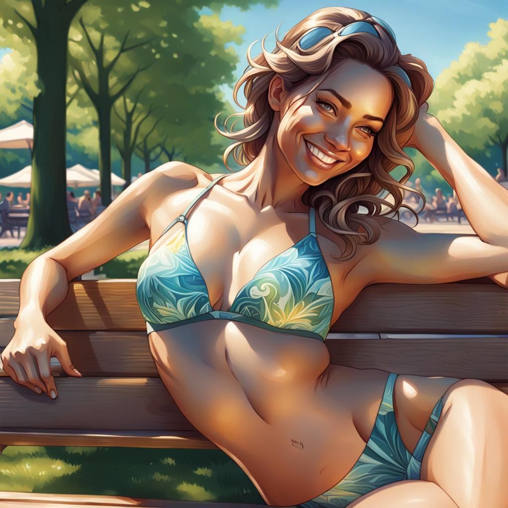 Woman Lounging in Park: Hyperdetailed Digital Art