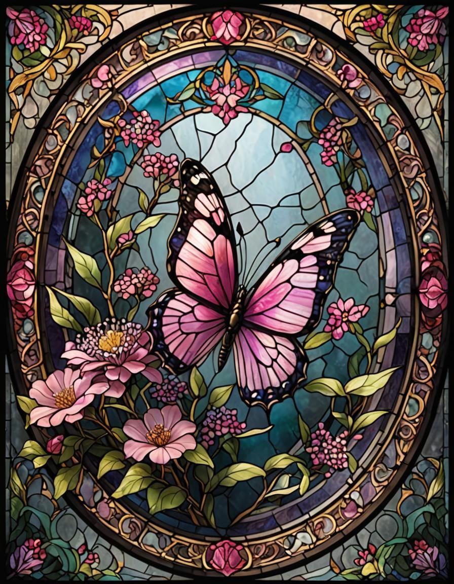 Stained Glass Art of Pink Butterfly Bush Flower