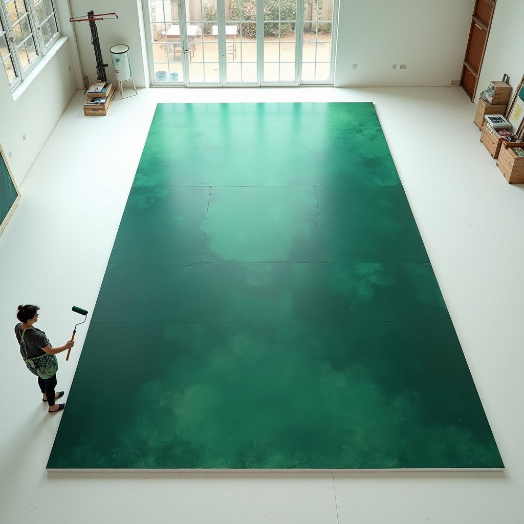 Artist Painting Large Green Canvas from Above