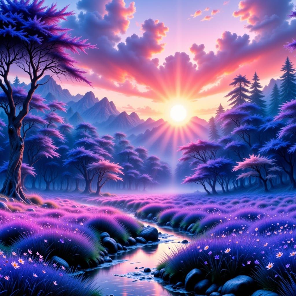 Biodome Landscape with Purple Sunsets in Digital Art Style