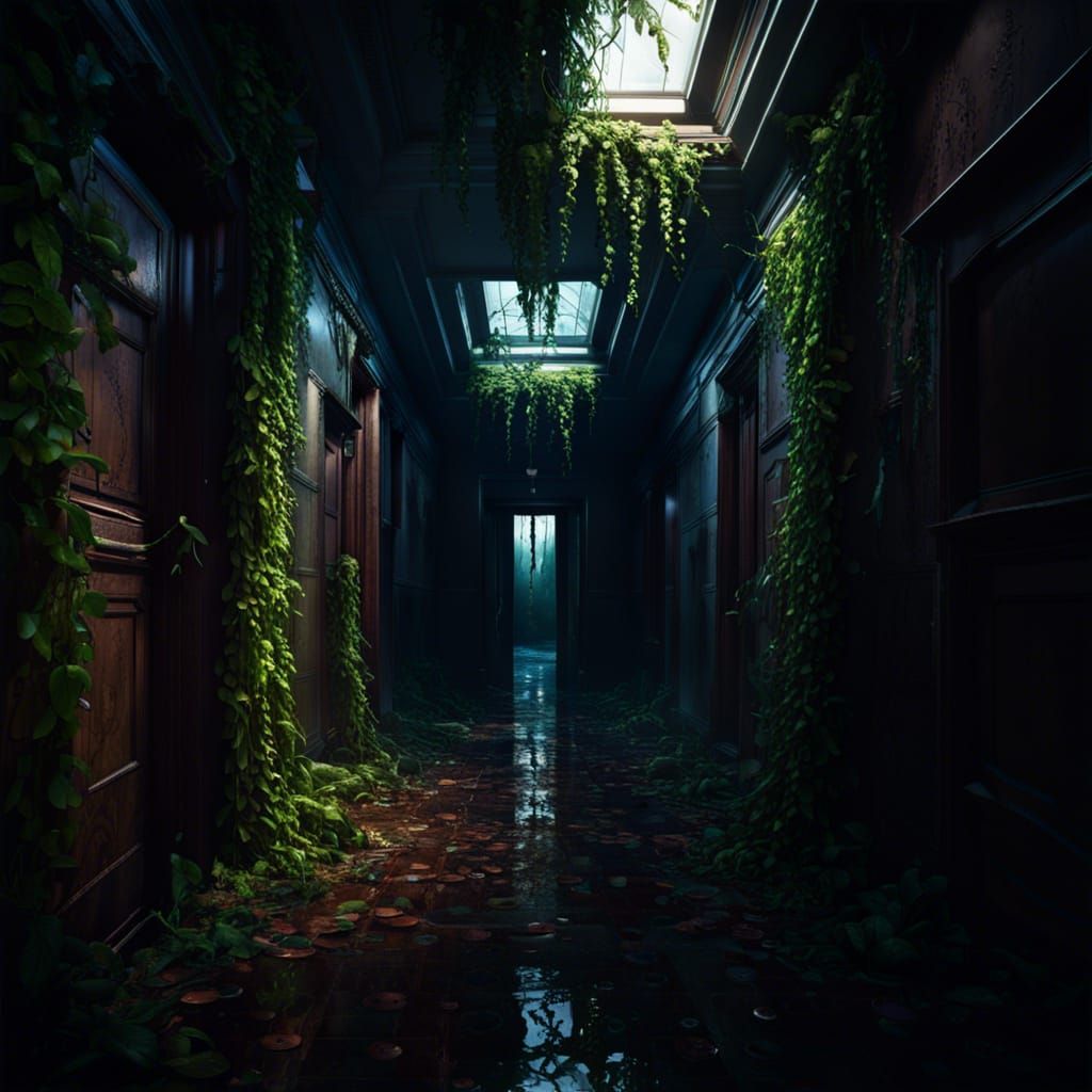 Creepy Abandoned Hotel Hallway with Overgrowth
