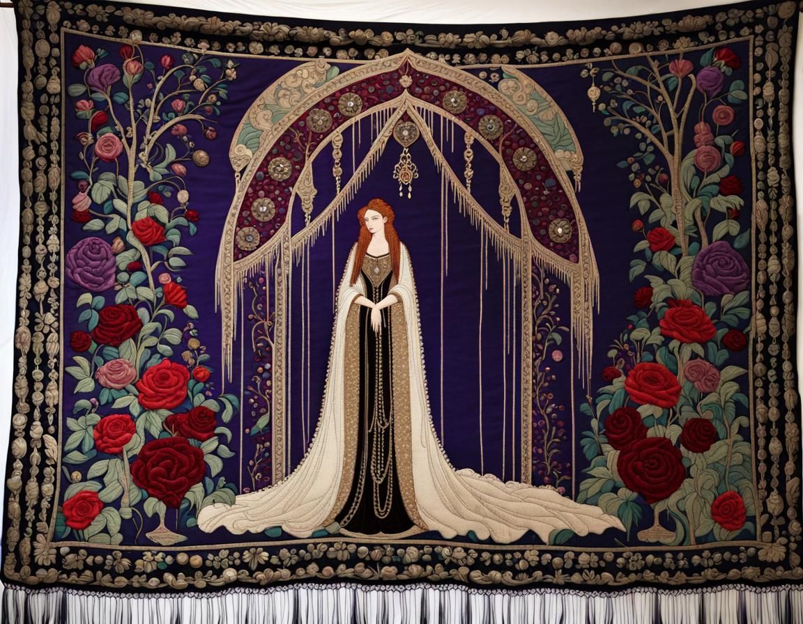 Medieval Gothic Tapestry with Waterfall and Embroidery