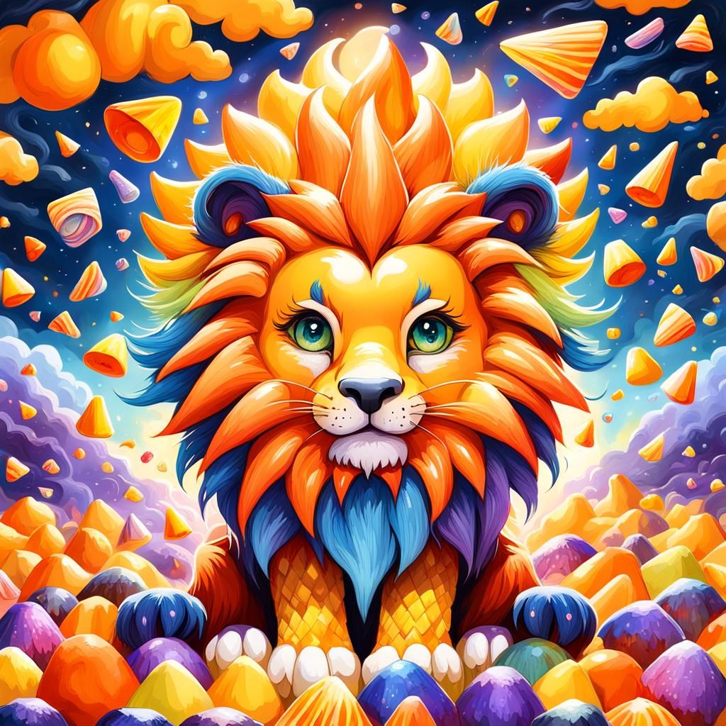 Candy Corn Lion Chibi in Whimsical Fantasy Style