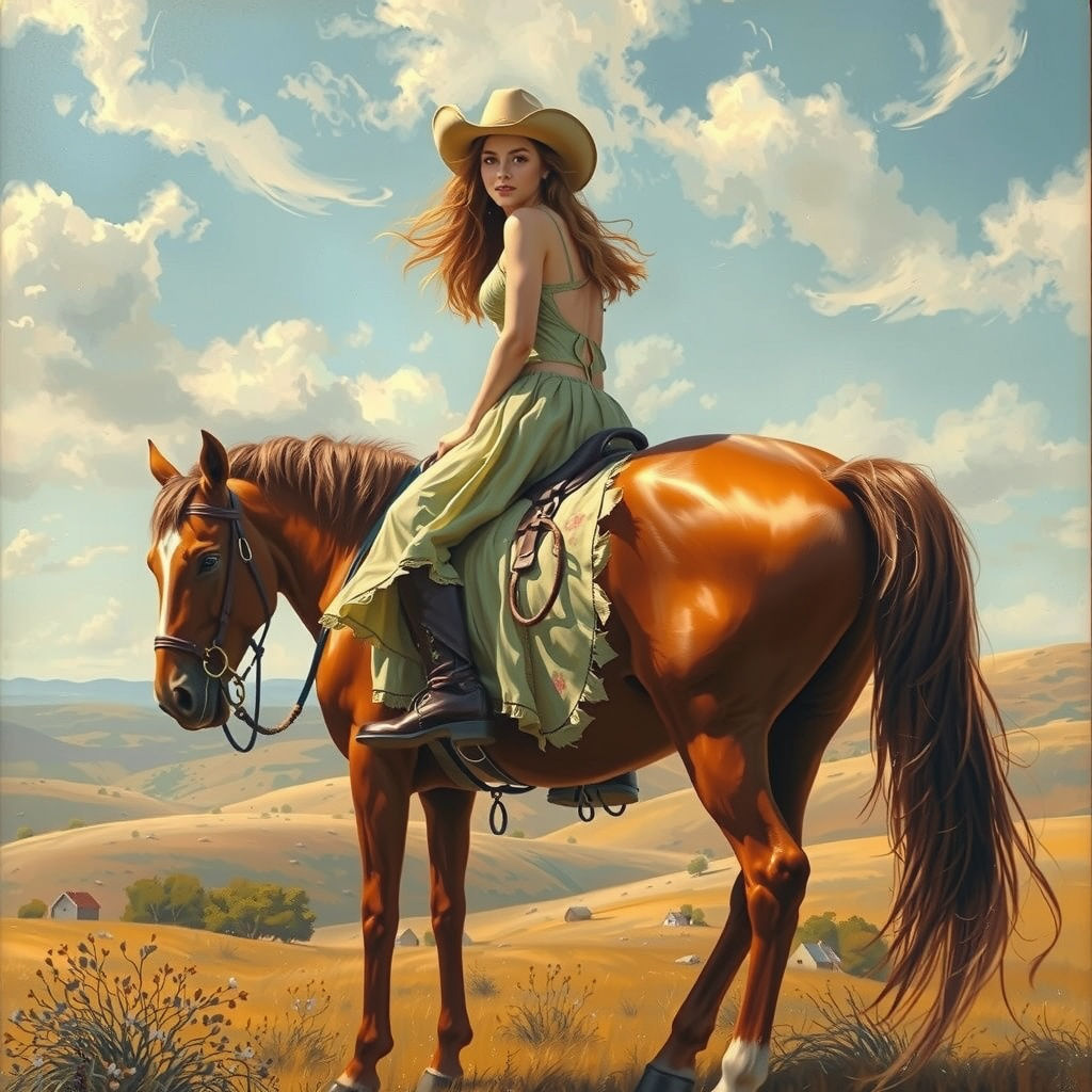 Ethereal Cowgirl and Horse in Impressionistic Surreal Landsc...