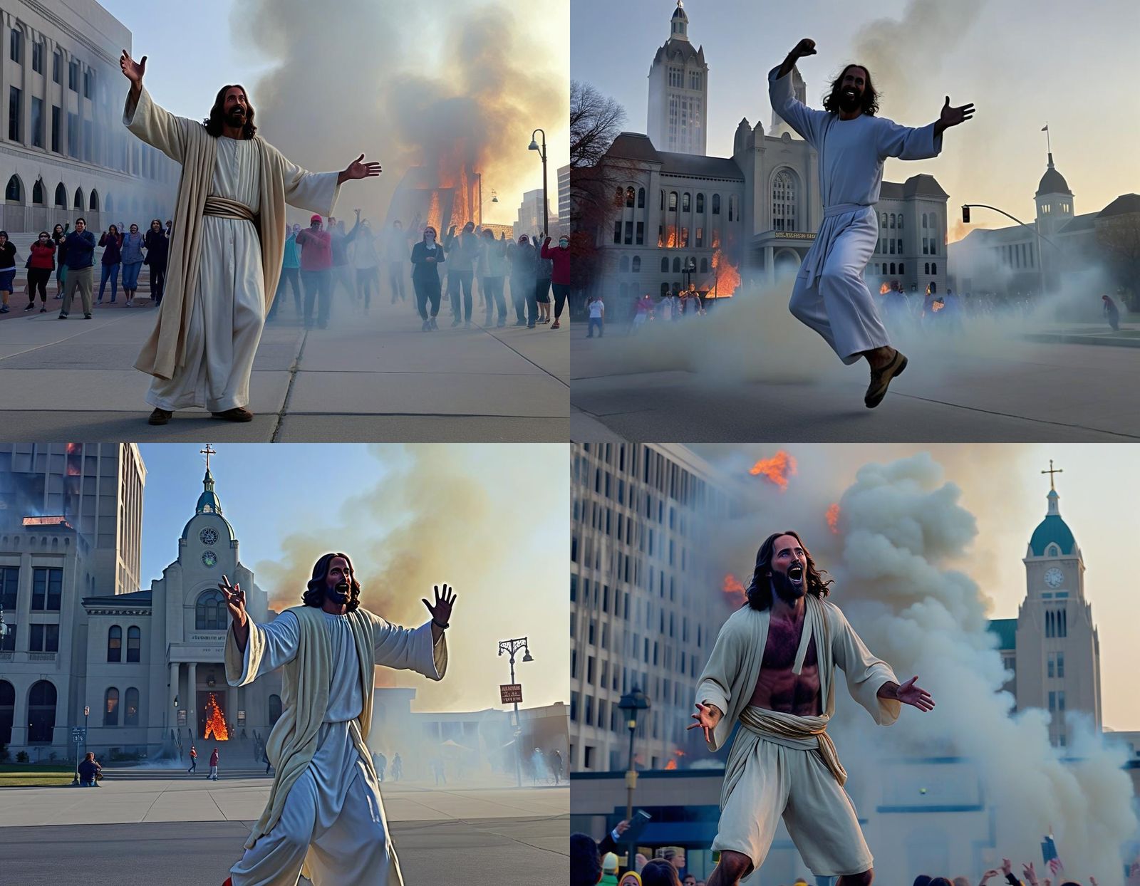 Anthropomorphic Jesus Dancing Before Burning City Hall
