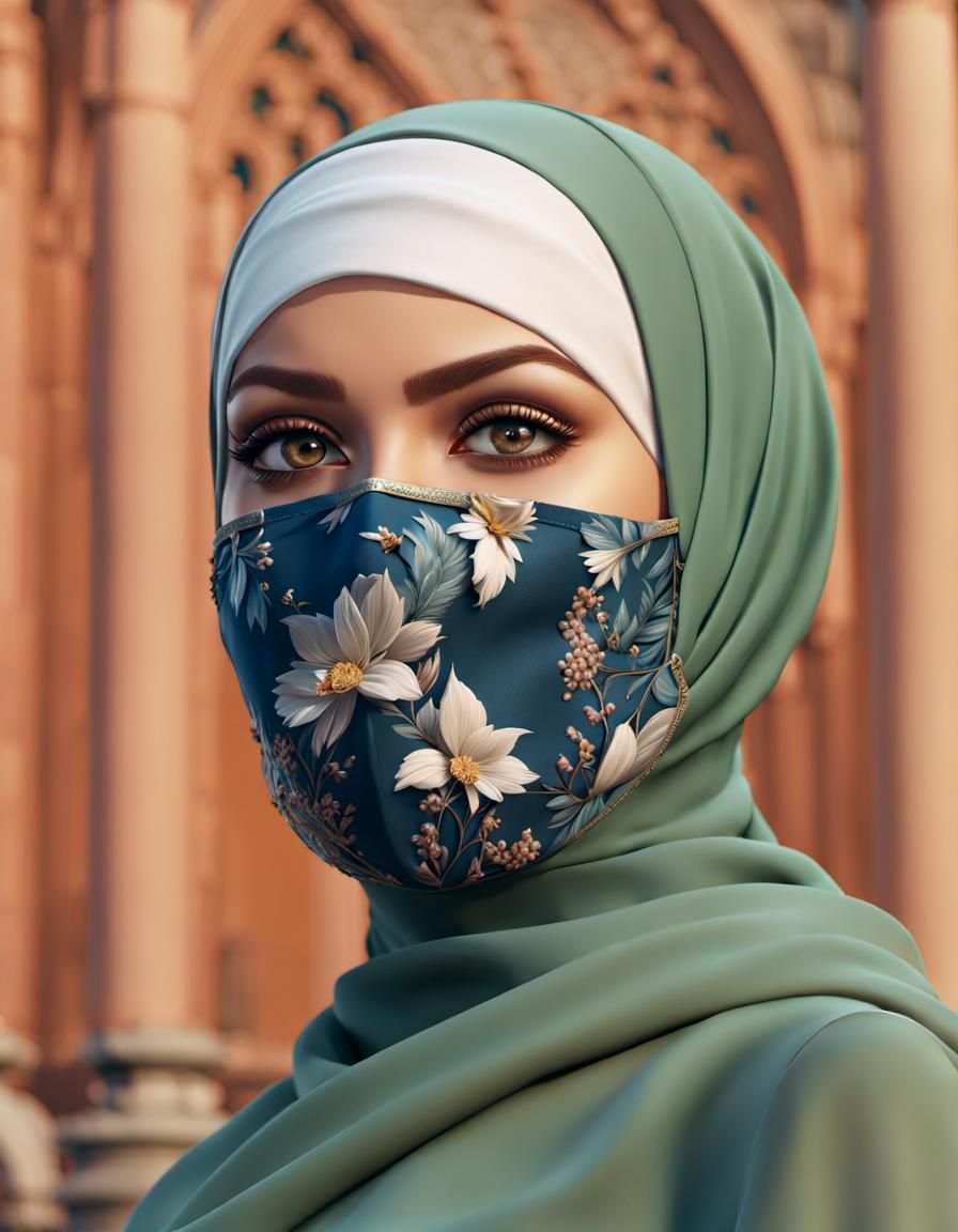 Woman in Hijab and Mask in City Park