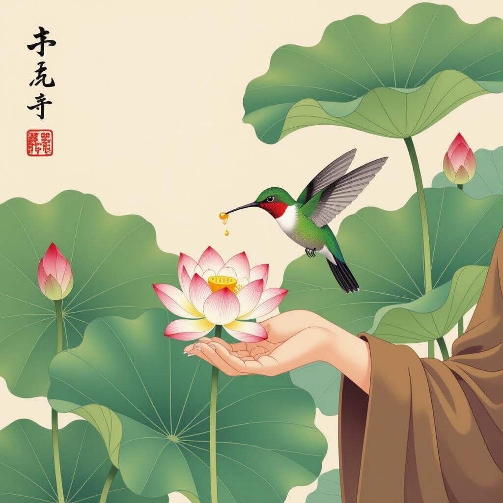 Hummingbird in Lotus: Yamato-e Style Oil Painting