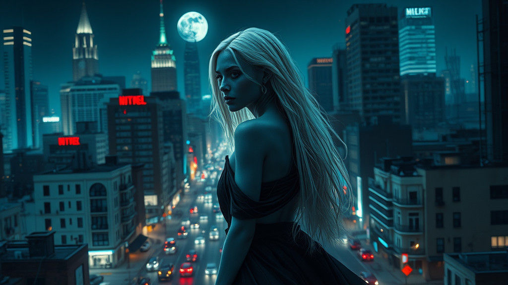 Drow in Cityscape with Cobalt Skin and White Hair