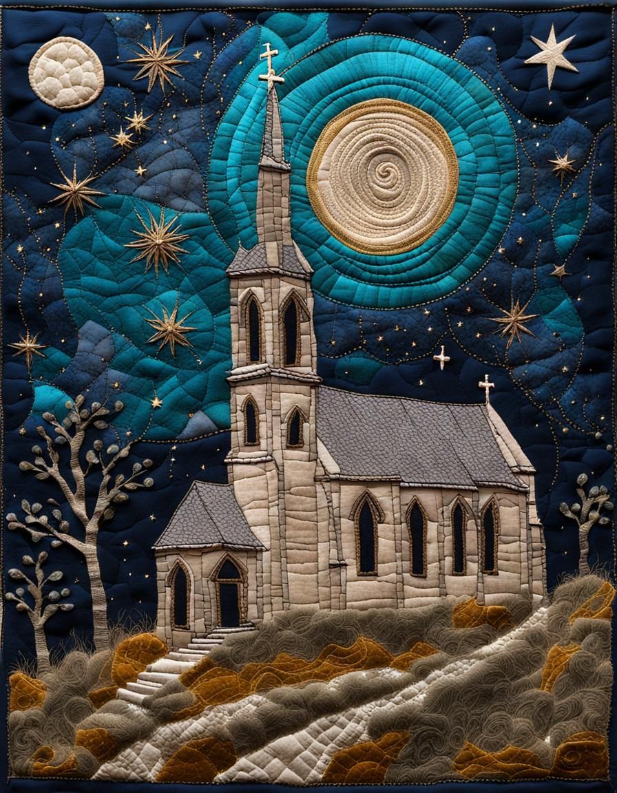 Surreal Medieval Church in Textured Embroidery Style