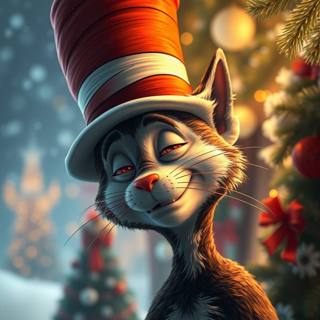 Whimsical Cat in the Hat Portrait in Luxurious Art Nouveau S...