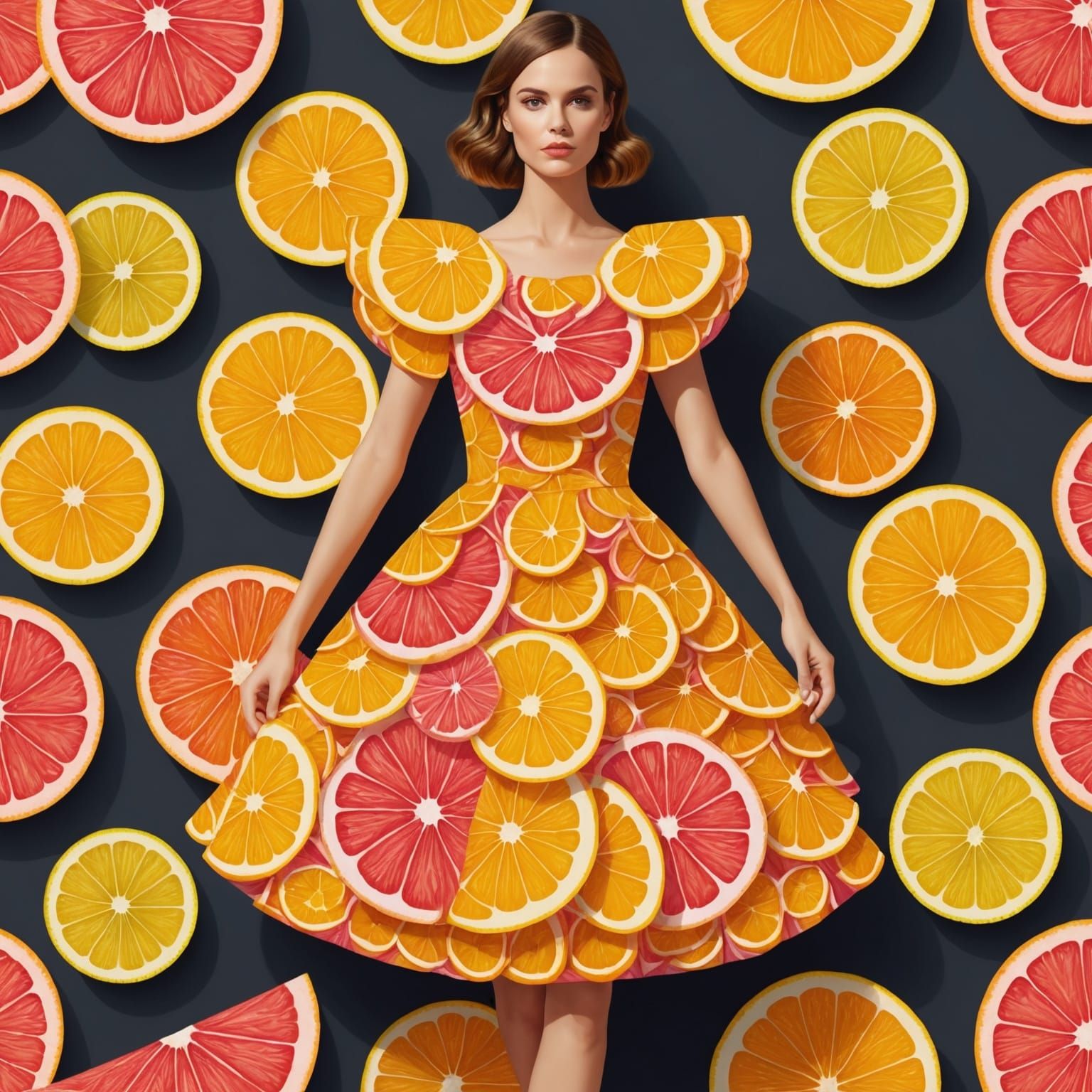 Citrus Slice Striped Dress with Fractal Elements