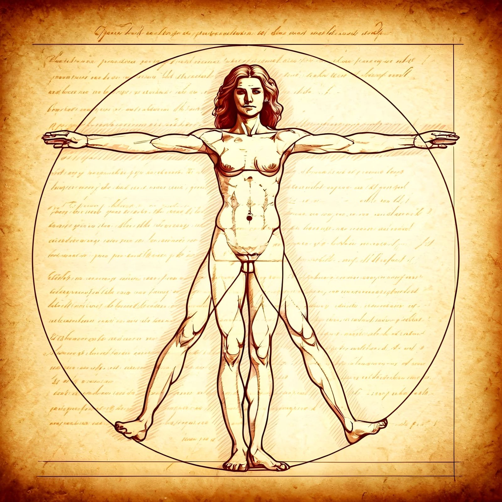 Vitruvian Woman in Intricate Architectural Style Drawing