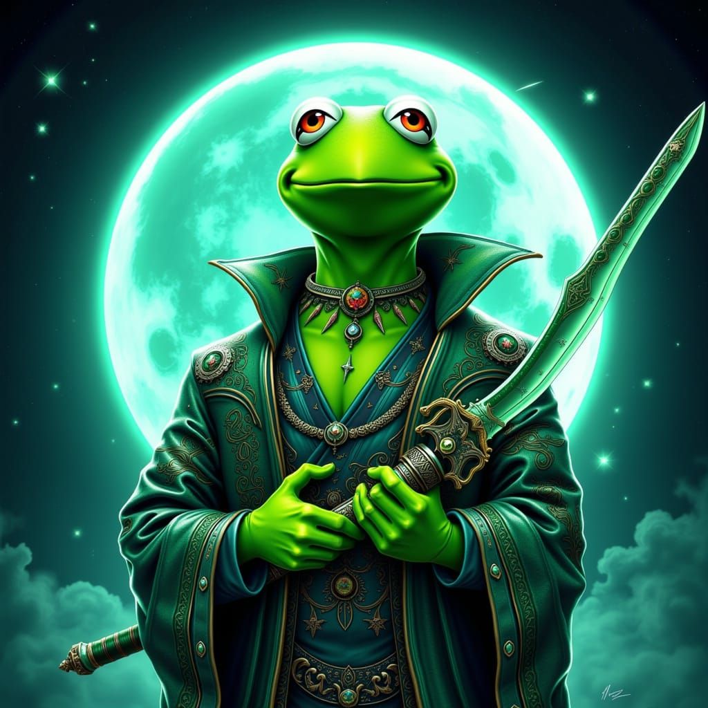 Kermit with Yakuza Tattoos in Maximalist Art Nouveau