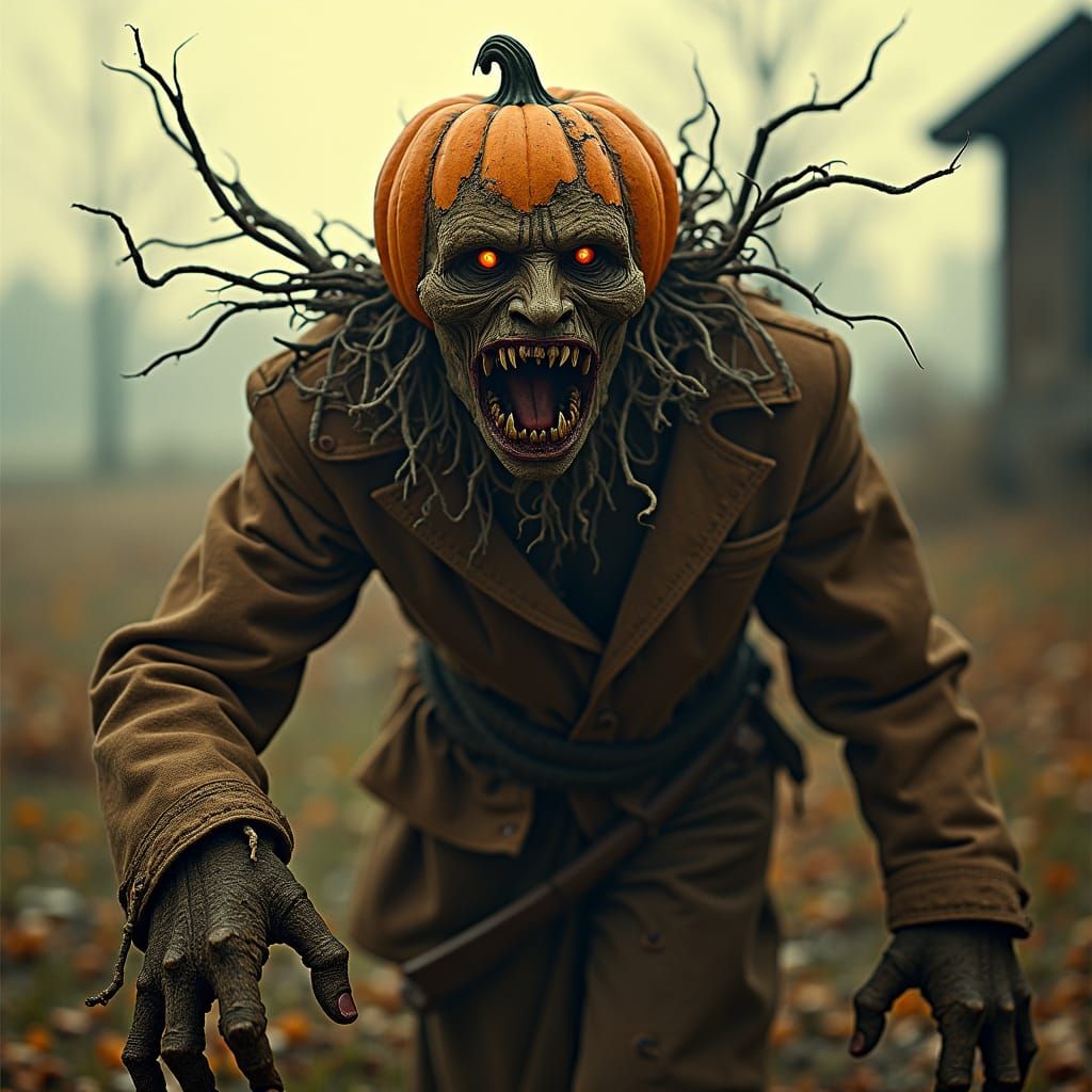 Eerie Scarecrow with Pumpkin Head in Cinematic Style