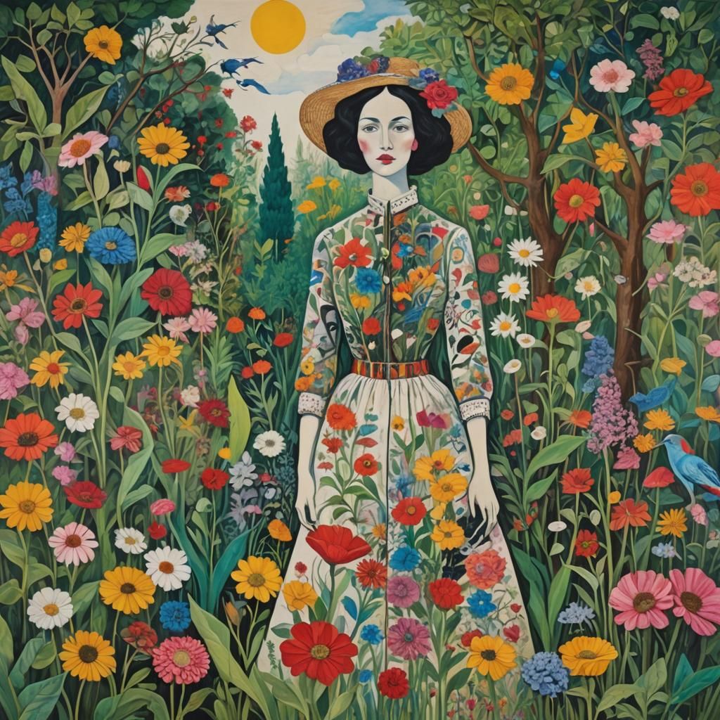 Woman in Surrealist Garden: Mixed Media Maximalism