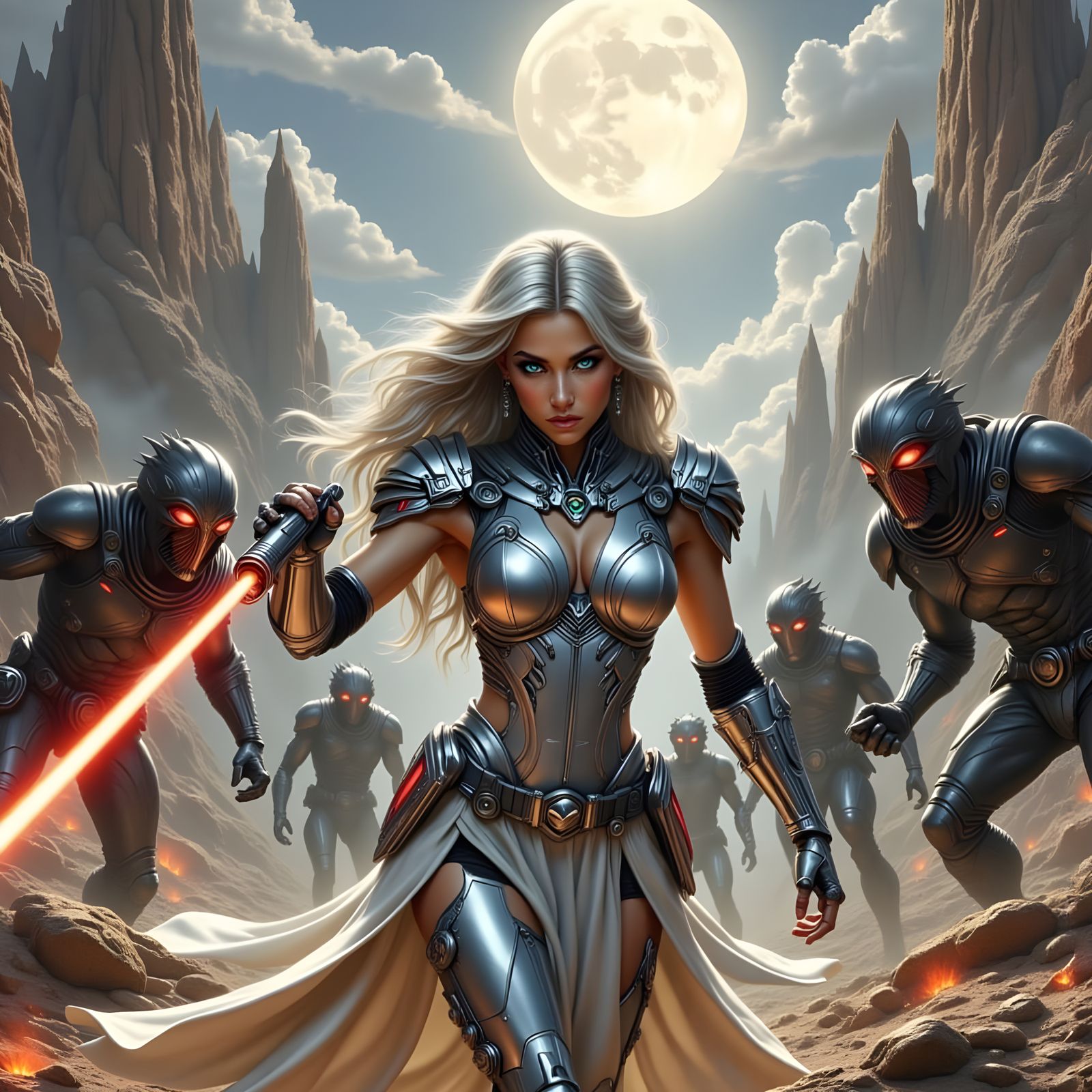 Futuristic Warrior Battling Aliens in Ethereal Style