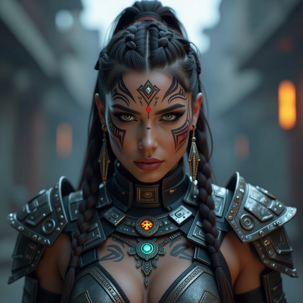 Cyberpunk Female Warrior with Tribal Tattoos in 4K