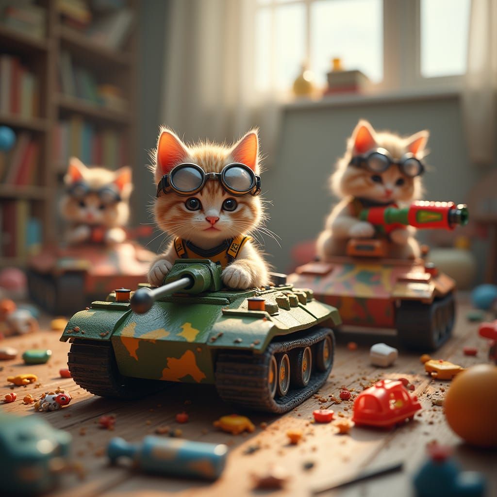 Playful Kittens Engage in Epic Toy Battle in Cyberpunk Style