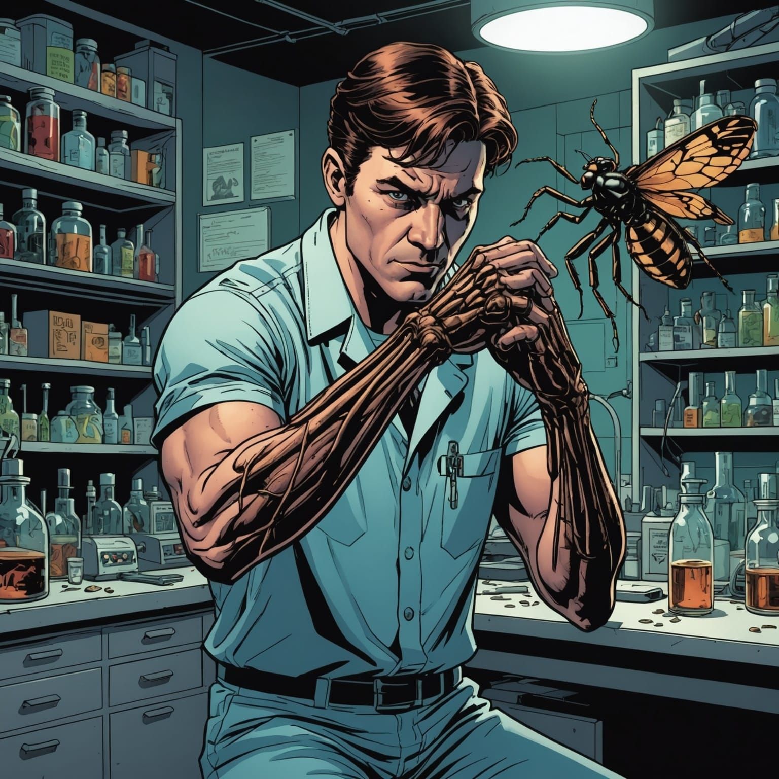 Insect Arm Transformation in Laboratory, Comic Book Art