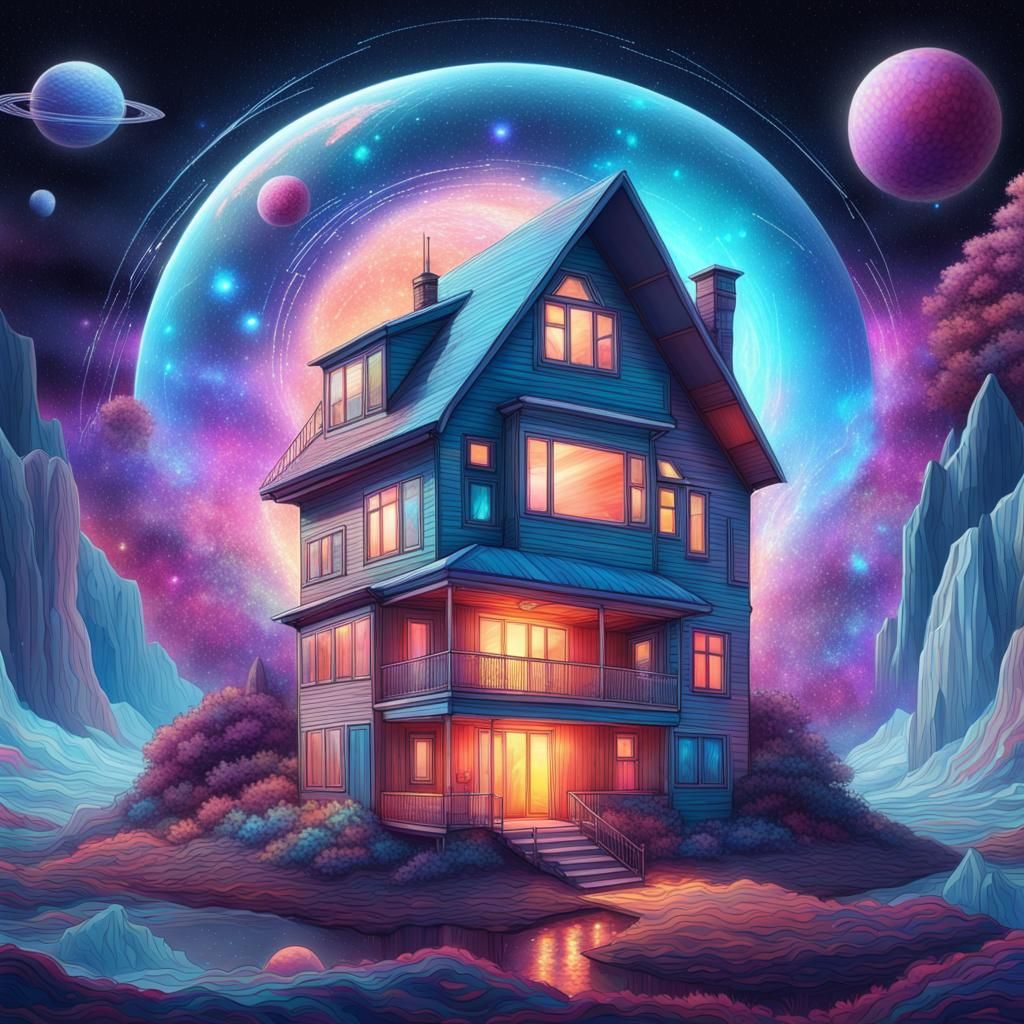 Futuristic House: Holographic Astral Cosmic Illustration
