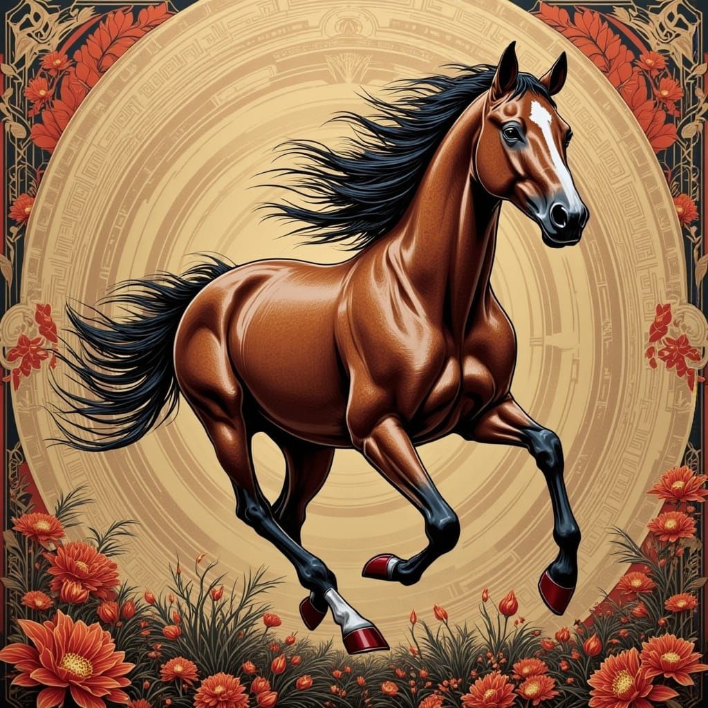 <lora:Native Art Deco:1.0> <lora:Haida Style:1.0> Haida Style picture of a stallion running