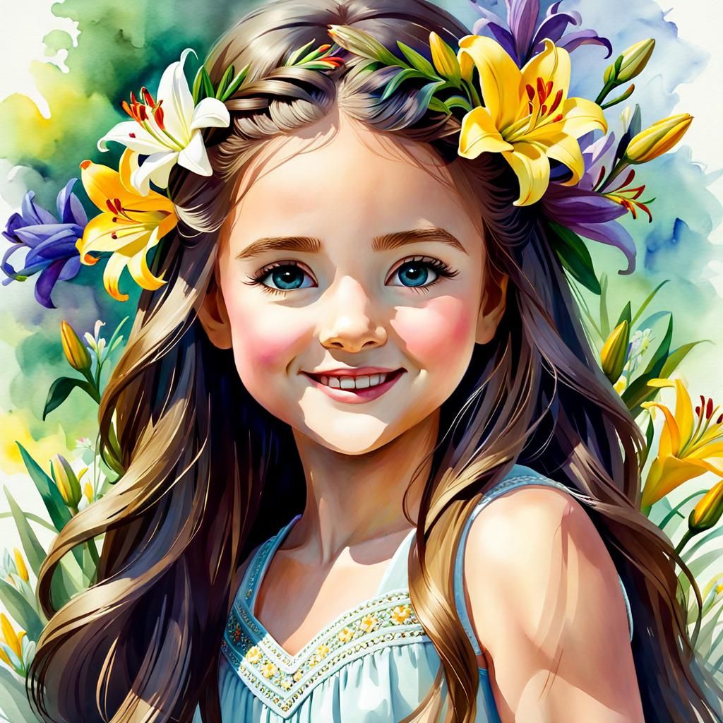 Baby Girl with Spring Flowers in Watercolor Style