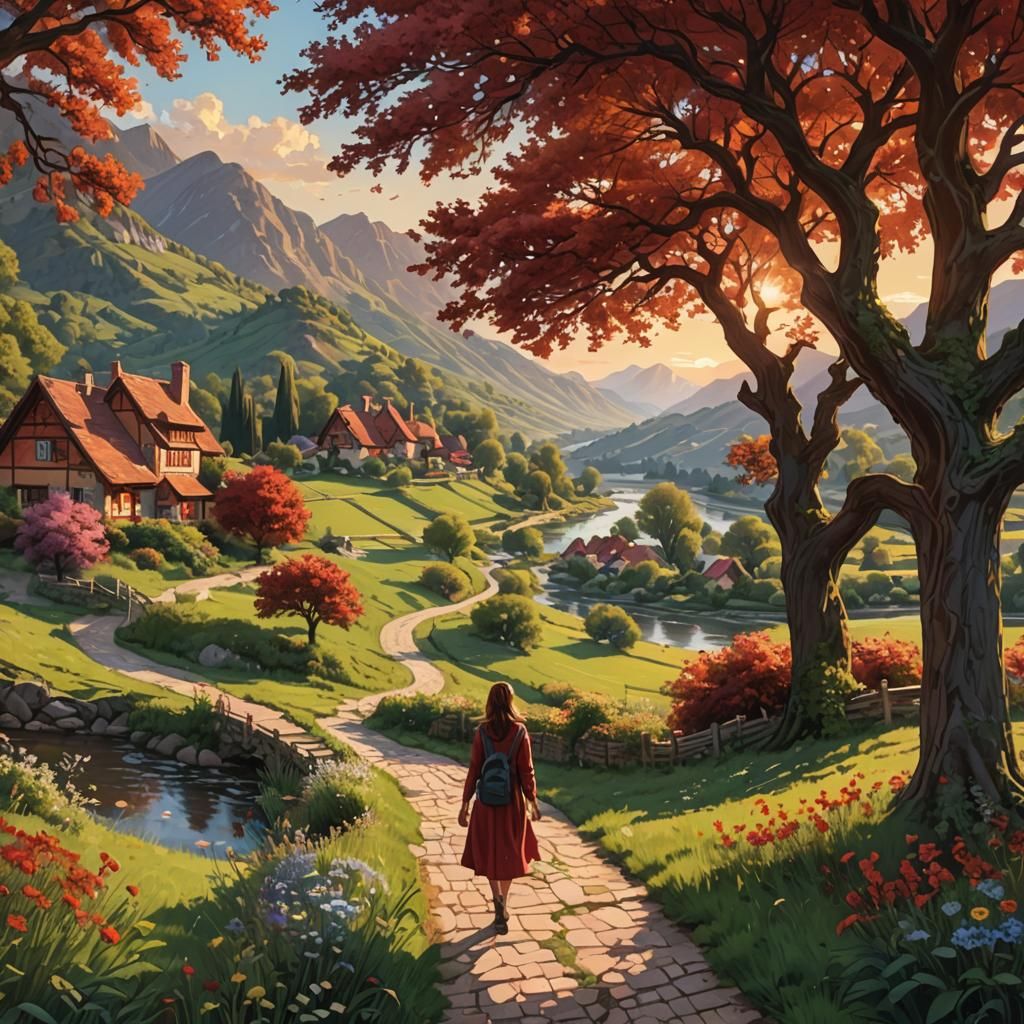 Hyperrealistic Riverside Village Path at Sunset